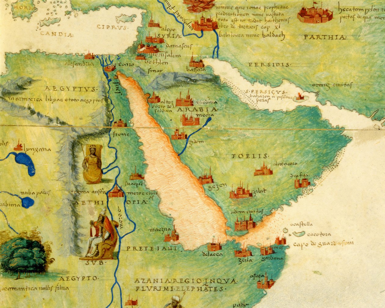 Etiopía, el Mar Rojo y Arabia Saudita, de un Atlas del Mundo en 33 Mapas, Venecia, 1 de septiembre de 1553 (detalle) de Battista Agnese