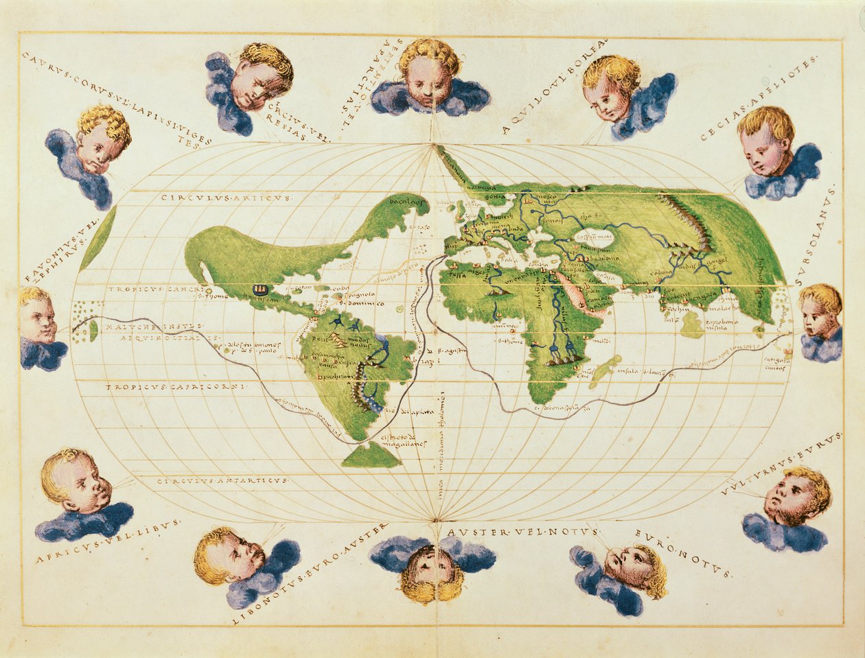 Mapa del viaje de Magallanes alrededor del mundo, c.1540 (manuscrito en vitela) de Battista Agnese