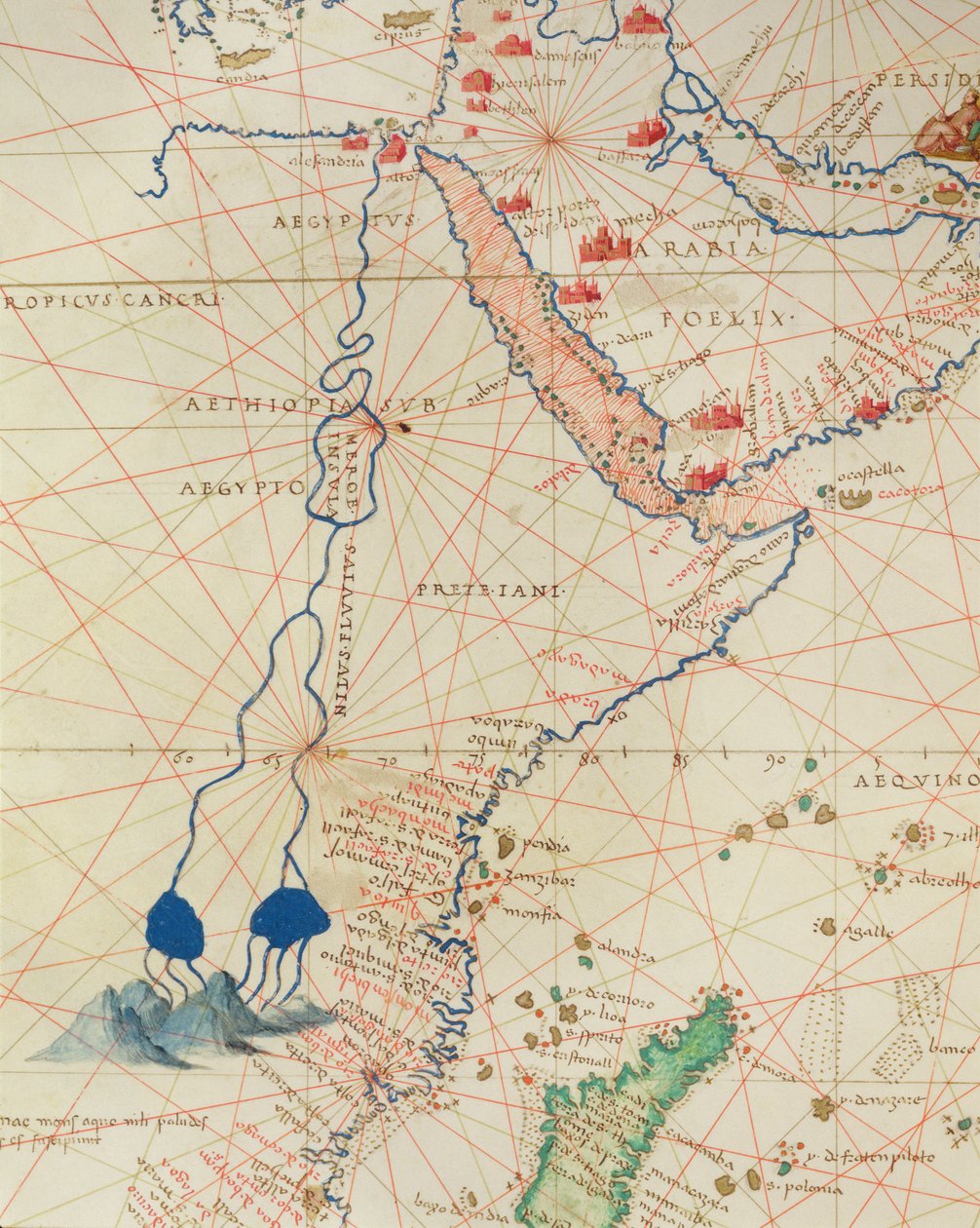 Parte de África, de un Atlas del Mundo en 33 Mapas, Venecia, 1 de septiembre de 1553 (detalle) de Battista Agnese