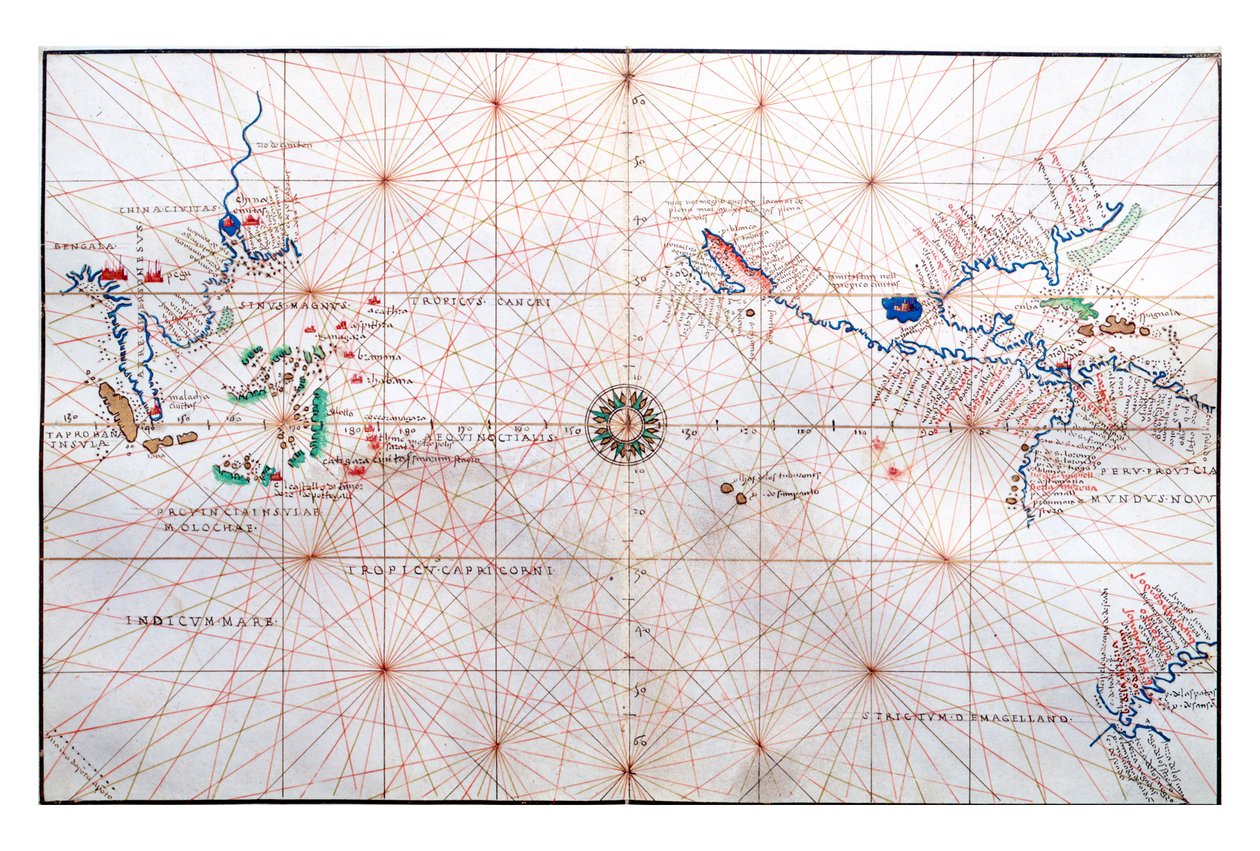 Carta de navegación que muestra China, Ceilán y Filipinas y los trópicos de Cáncer y Capricornio, c.1540 de Battista Agnese