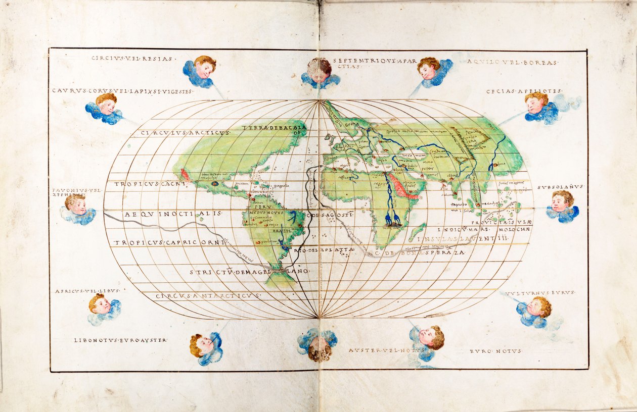 Planisferio oval del mundo que muestra la ruta de Magallanes de Battista Agnese