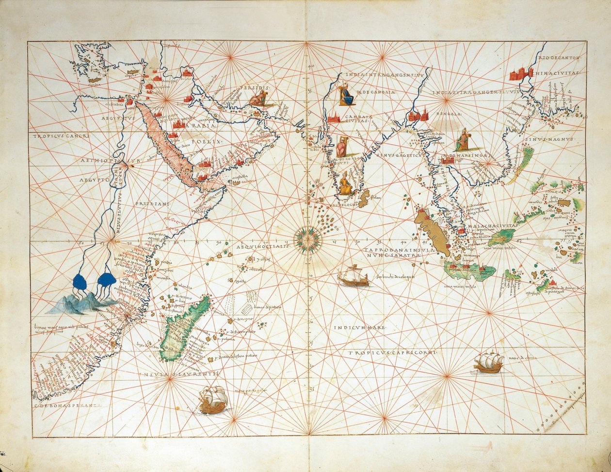 El Océano Índico y parte de Asia y África, del Atlas del Mundo en treinta y tres Mapas de Battista Agnese