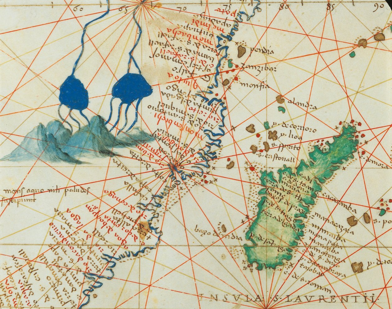 El Océano Índico y parte de Asia y África: nacimiento del río Nilo y Madagascar, del Atlas del Mundo en treinta y tres Mapas de Battista Agnese