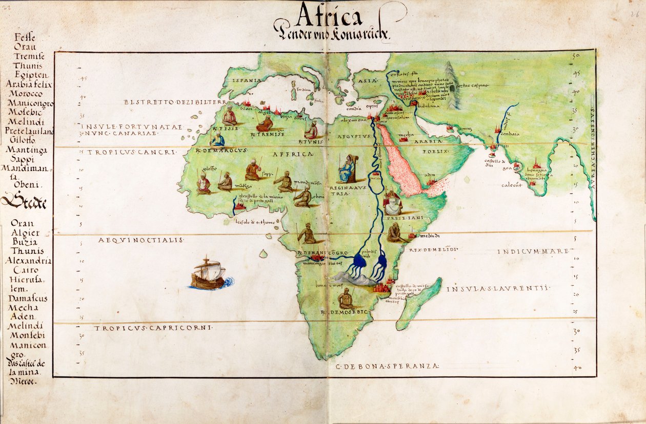 Carta vitela de África, la India y el Mediterráneo de Battista Agnese