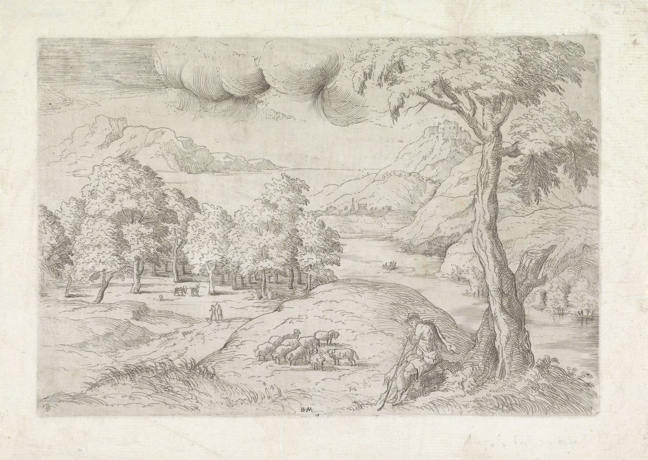 Paisaje panorámico con ruinas, una ciudad y viajeros Landschap conoció al pastor de Battista Angolo del Moro