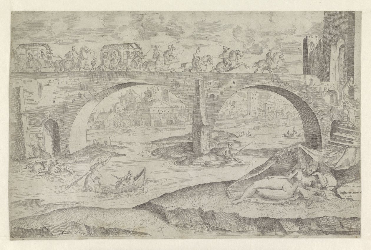 Venus y Amor en paisaje urbano con un puente de Battista Angolo del Moro