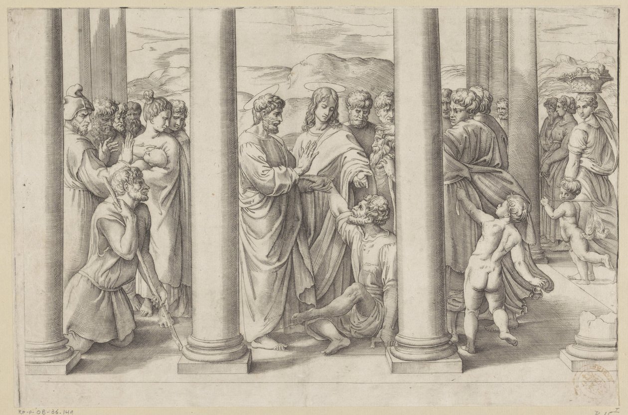 Santos Pedro y Juan curando a un paralítico en un templo de Battista Franco