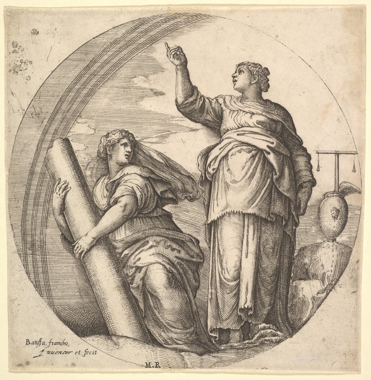 Fortaleza y Justicia, una composición alegórica en formato redondo, con Fortaleza g..., ca. 1530-61 de Battista Franco Veneziano