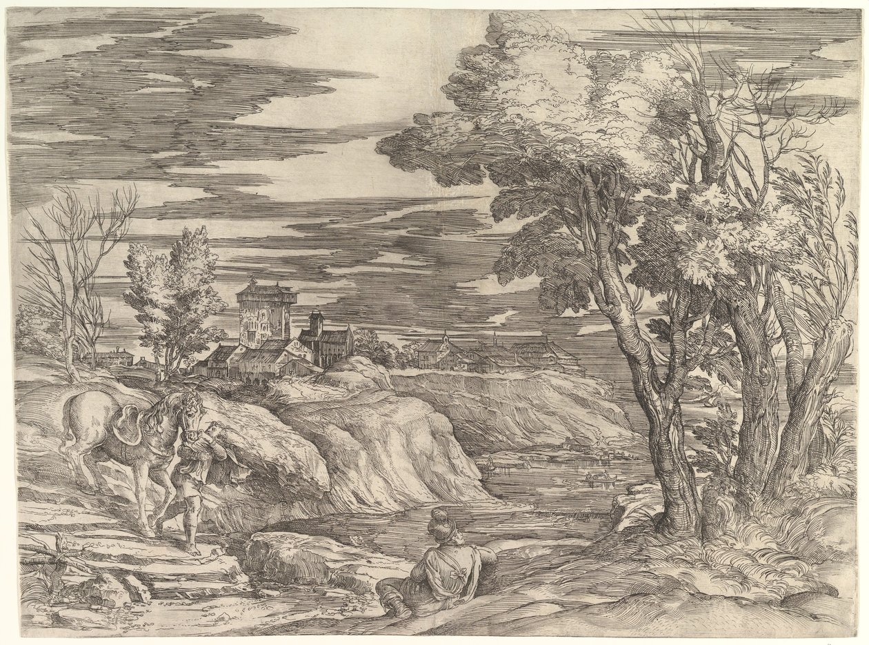 Paisaje con un jinete y su mozo de cuadra, ca. 1552-61 de Battista Franco Veneziano