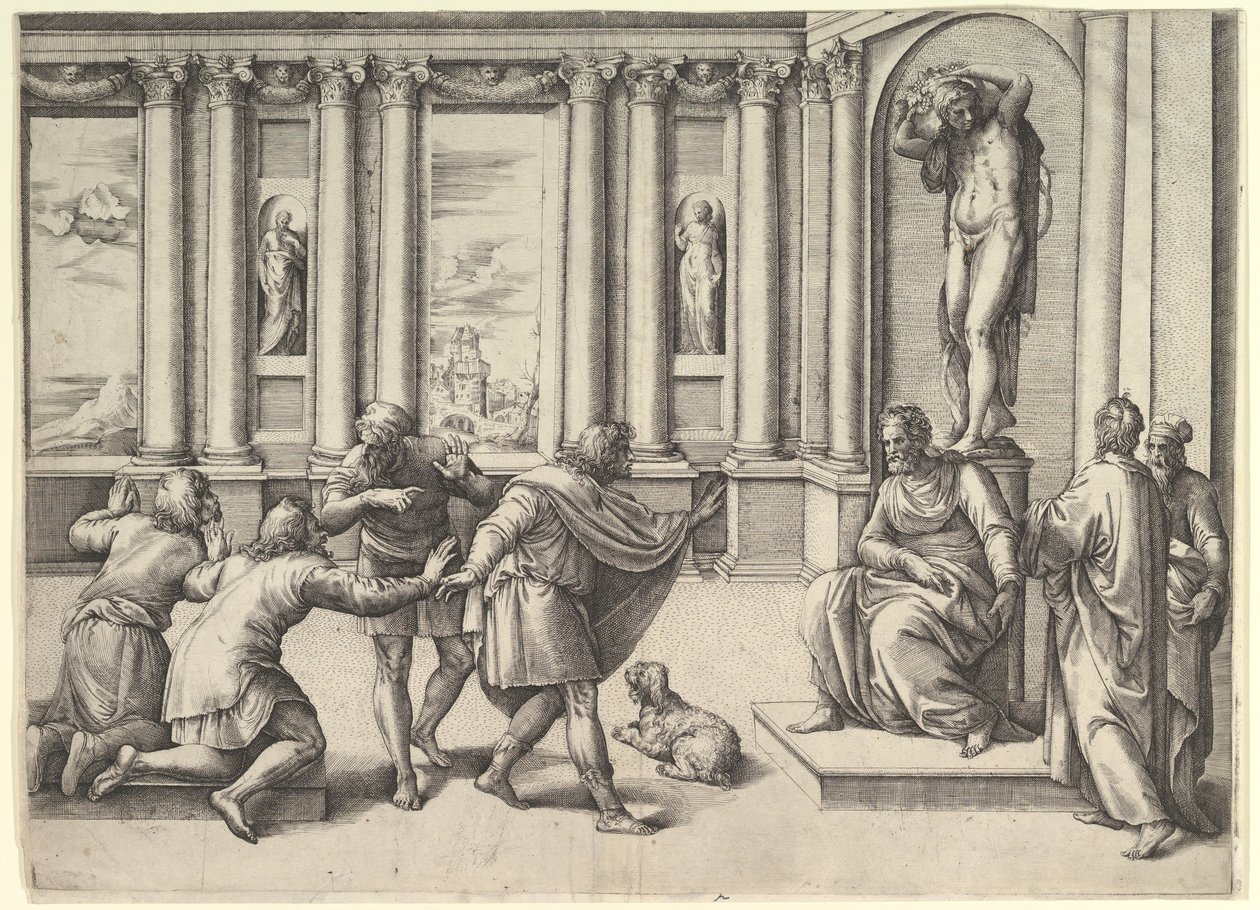 Hombre sentado bajo una estatua de Baco, recibiendo una audiencia, ca. 1530-61 de Battista Franco Veneziano