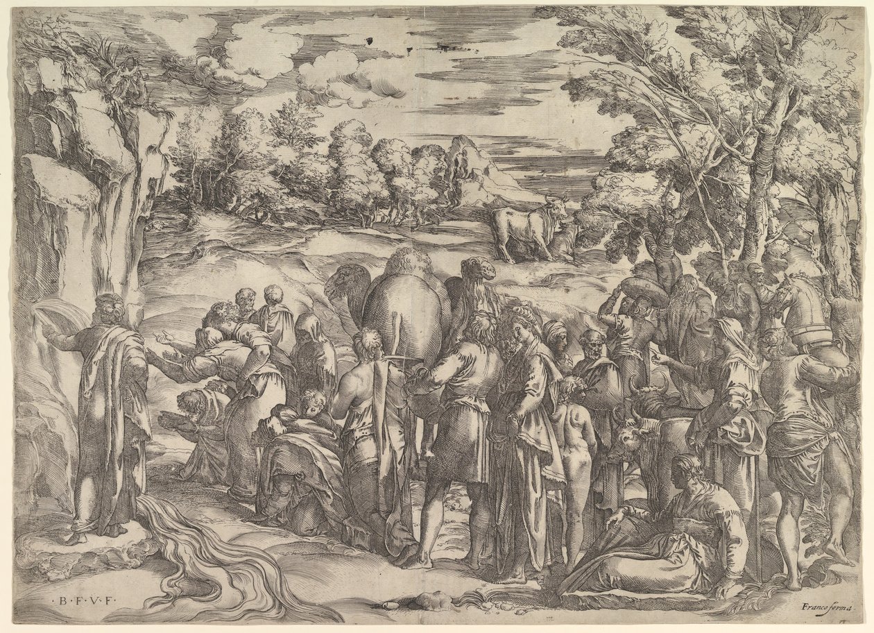 Moisés Sacando Agua de la Roca, a la izquierda con agua fluyendo, varias figuras y... de Battista Franco Veneziano