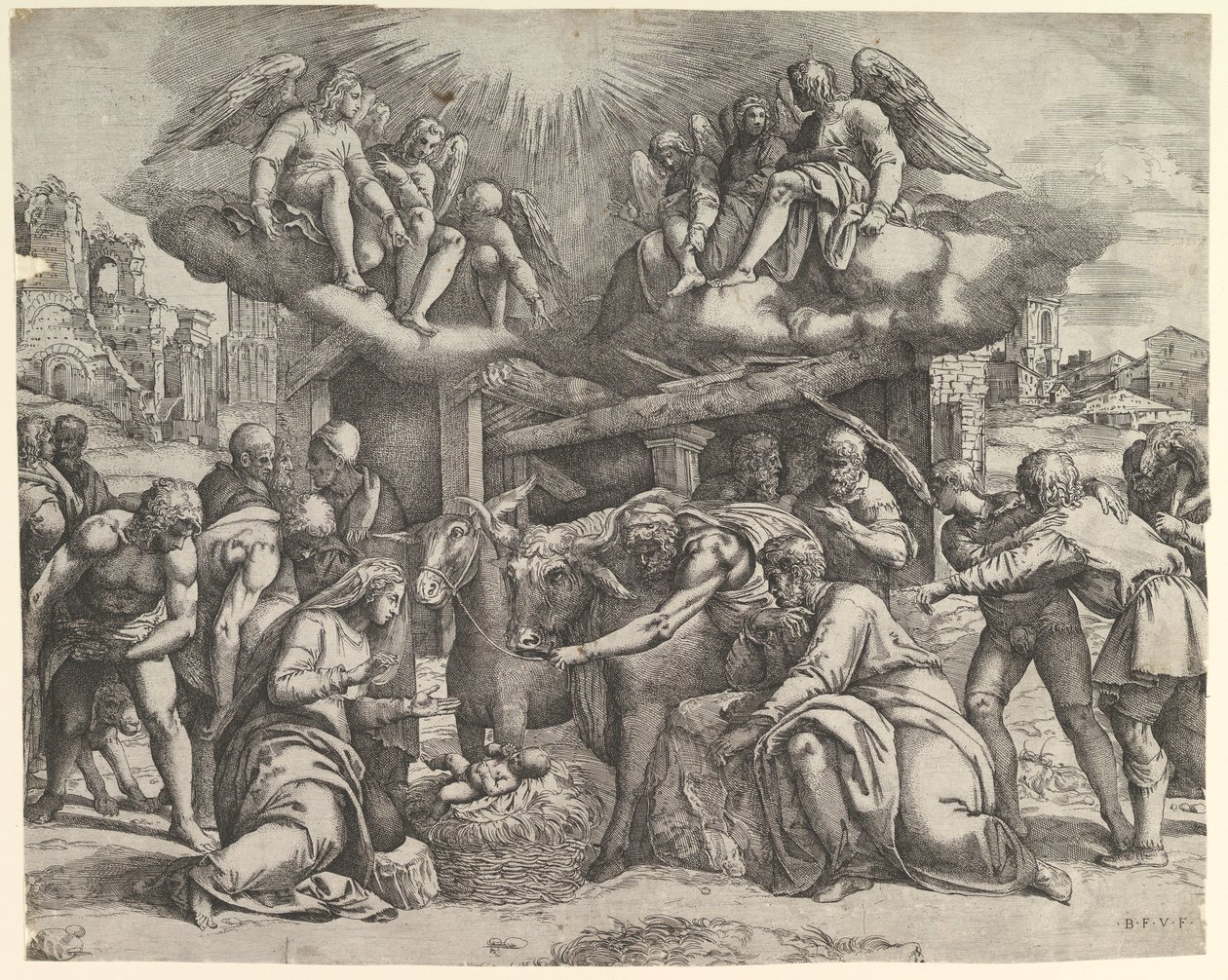 La adoración de los pastores con ángeles arriba, ca. 1530-61 de Battista Franco Veneziano