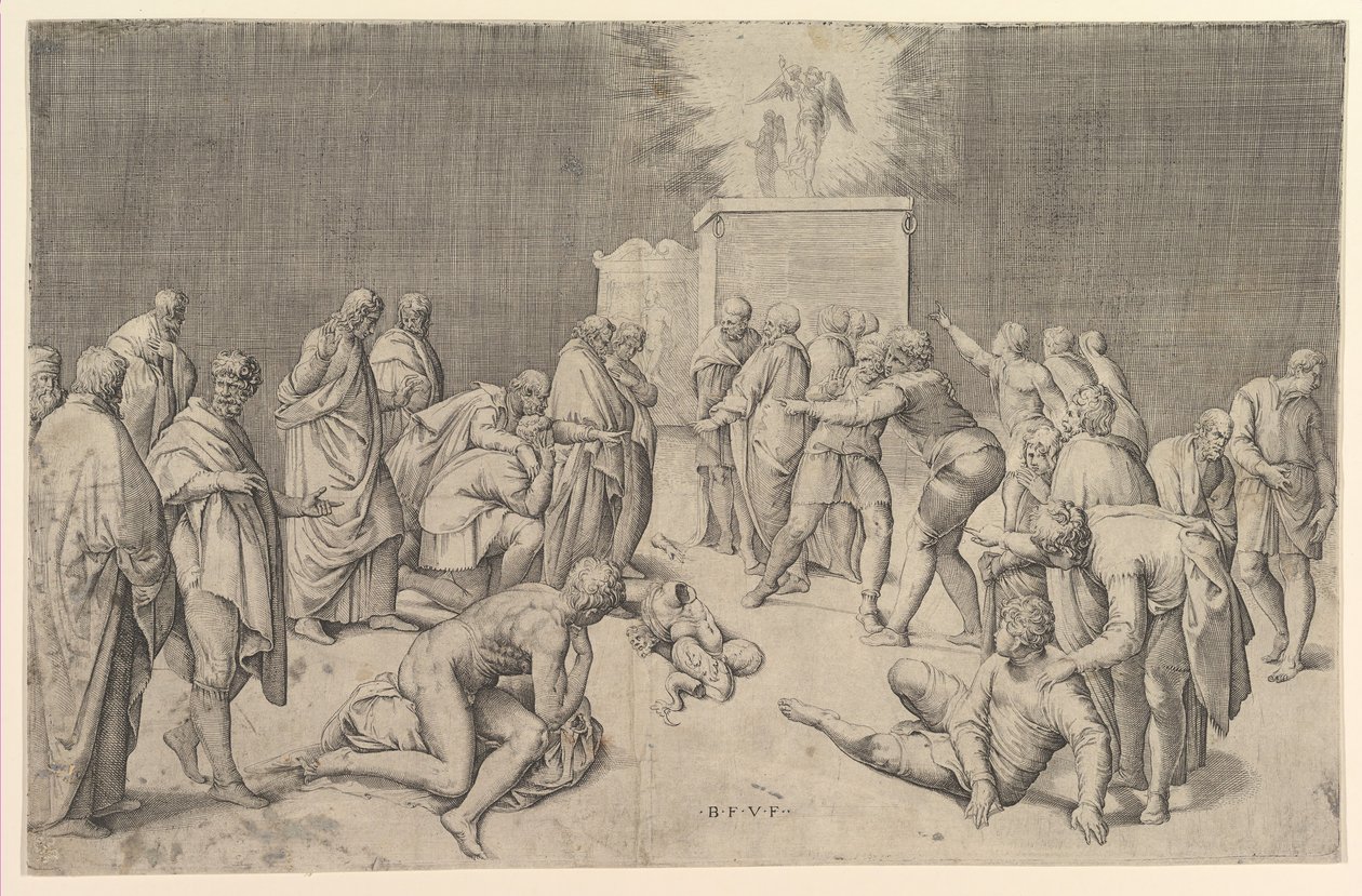 Los filisteos colocan el Arca de la Alianza en el Templo de Dagón, ca. 1540 de Battista Franco Veneziano