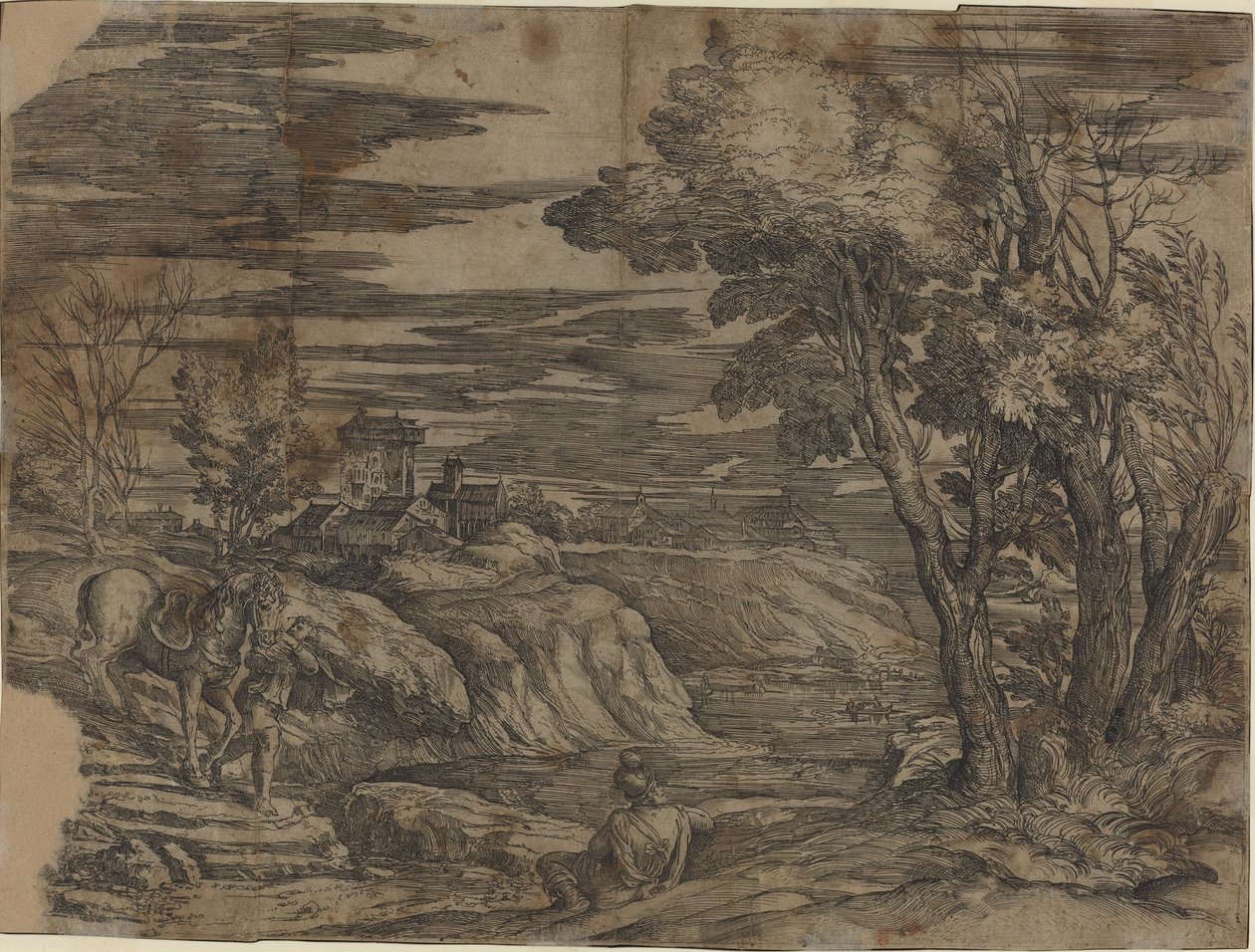 Paisaje con un Hombre Guiando un Caballo de Battista Franco, after Titian