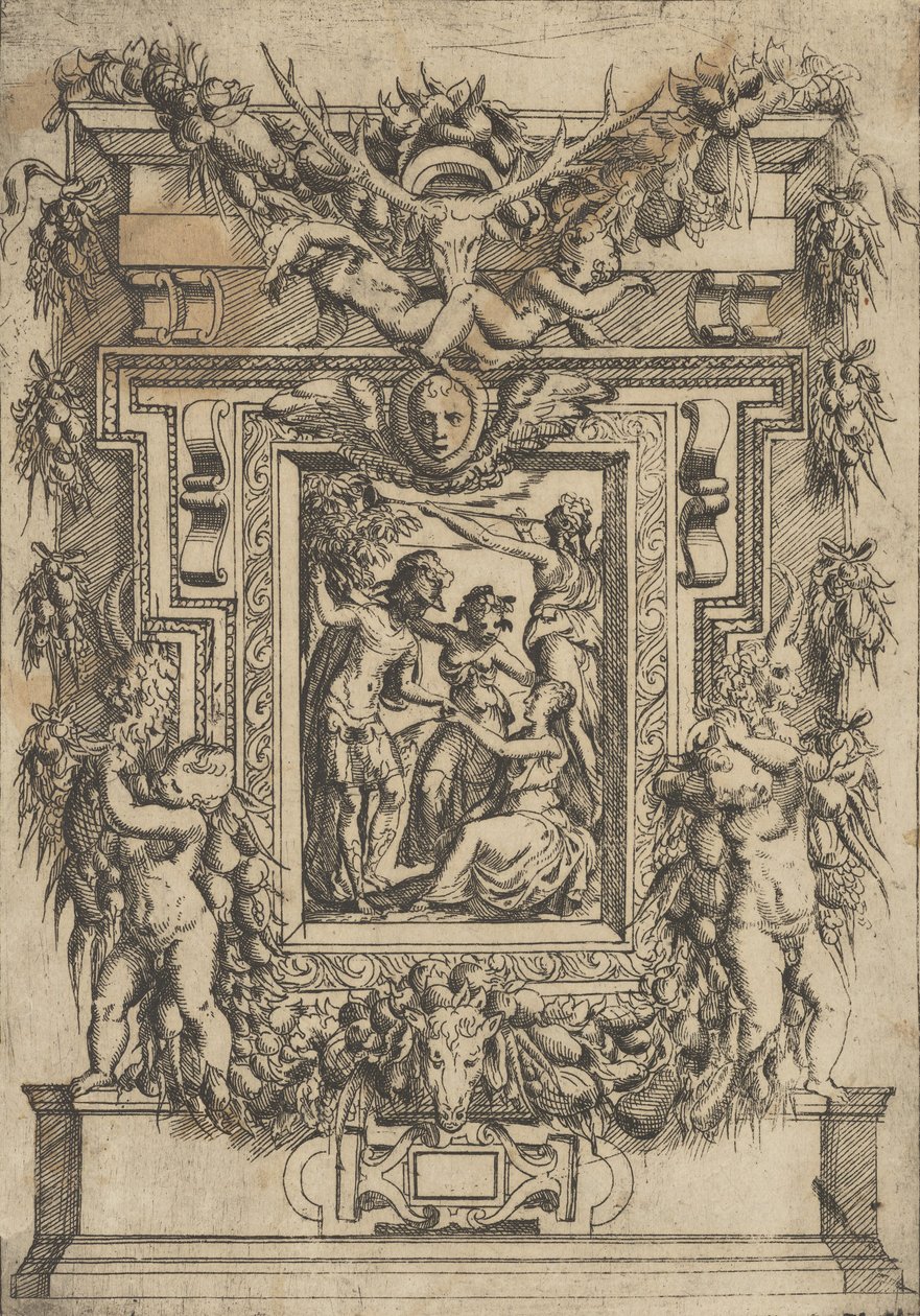 Un joven ofrece su mano a una mujer sentada, otra mujer está entre ellos, ca. 1540-80 de Battista del Moro