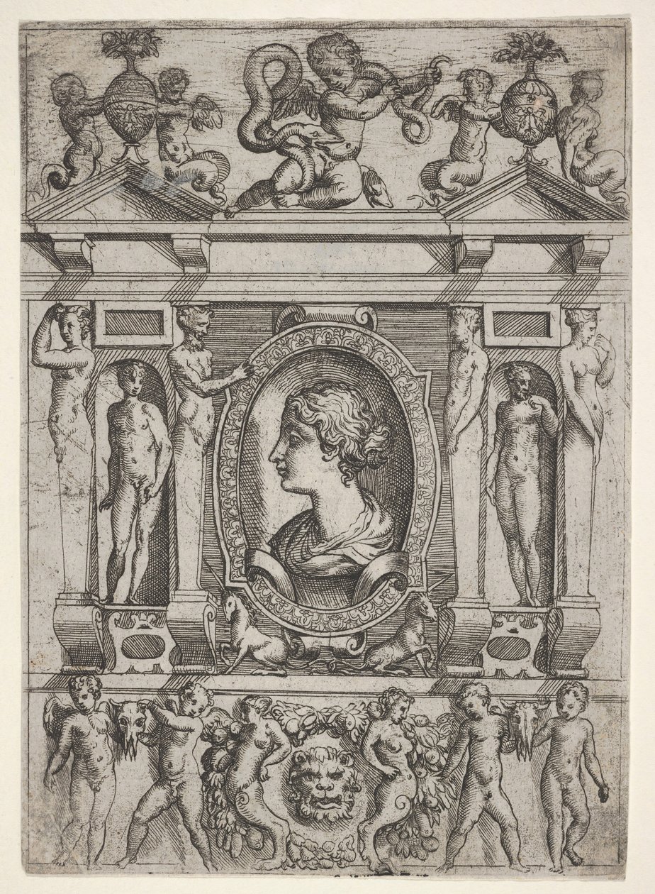Busto de una mujer de perfil mirando a la izquierda, enmarcado en un marco elaborado con figuras, ca. 1540-80 de Battista del Moro