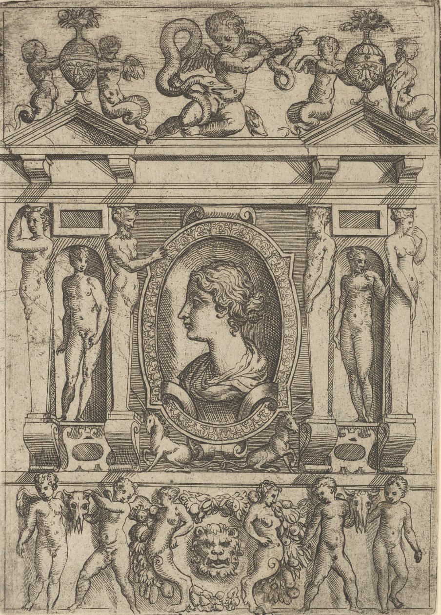 Busto de una mujer de perfil mirando a la izquierda, enmarcado en un marco elaborado con figuras, ca. 1540-80 de Battista del Moro