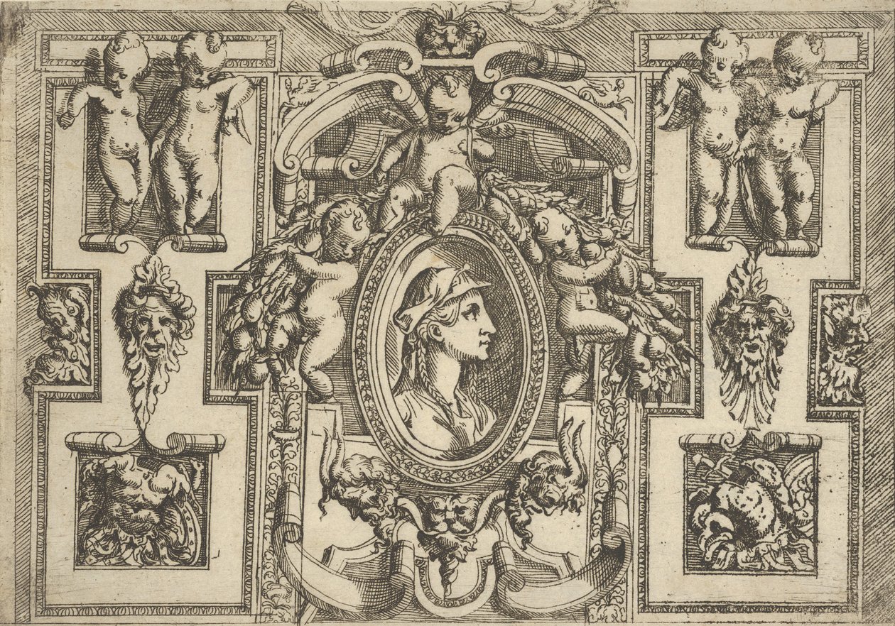 Busto de una mujer de perfil mirando a la derecha, dentro de un marco elaborado con putti de Battista del Moro