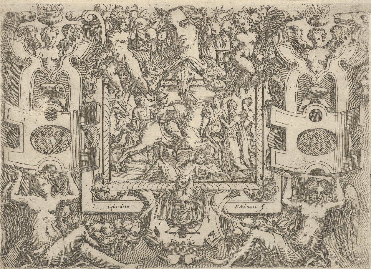 Figura a caballo sosteniendo una espada y cabalgando sobre una figura tendida en el suelo, ca. 1540-80 de Battista del Moro