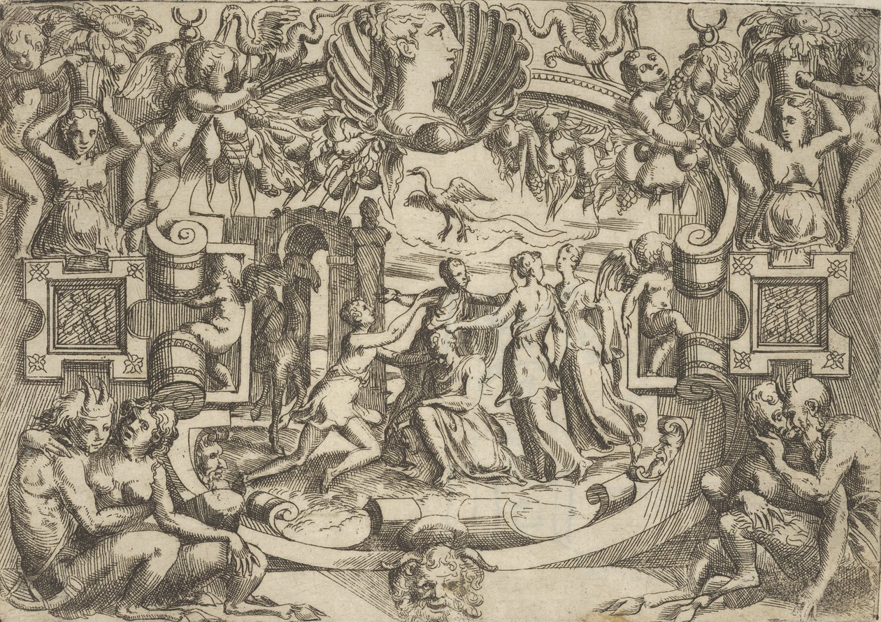 Cuatro mujeres rodeando una figura sentada, un pájaro sobre ellas, dentro de un elaborado..., ca. 1540-80 de Battista del Moro