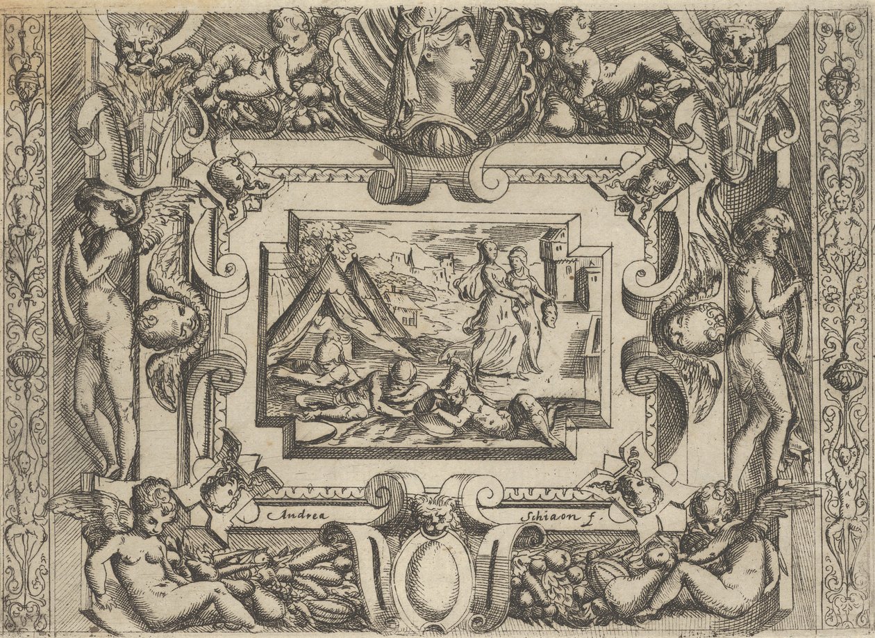 Judith y su sirvienta con la cabeza de Holofernes, enmarcado elaboradamente, ca 1540-80 de Battista del Moro