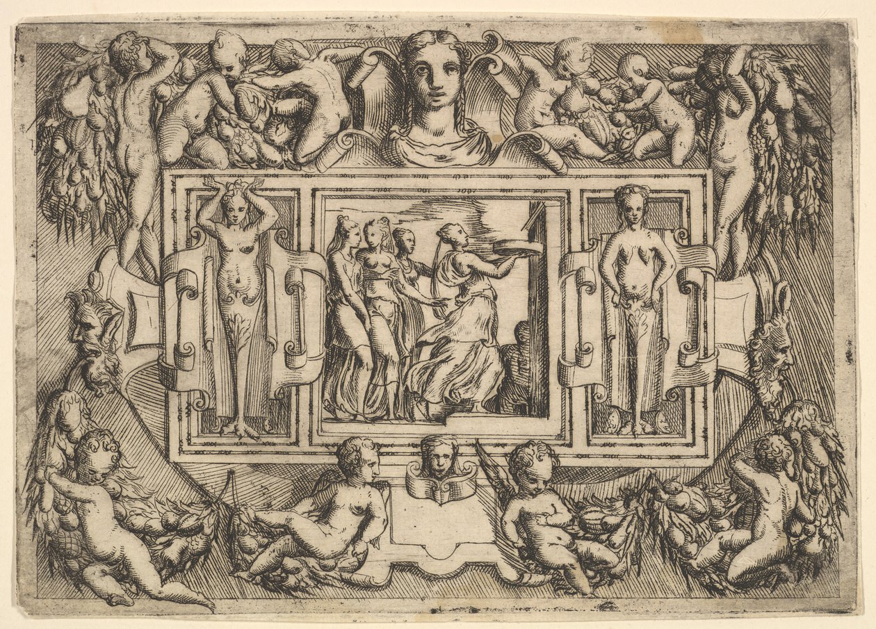 La sibila de Cumas caminando hacia la derecha y llevando una bandeja, seguida por tres mujeres, ca. 1540-80 de Battista del Moro