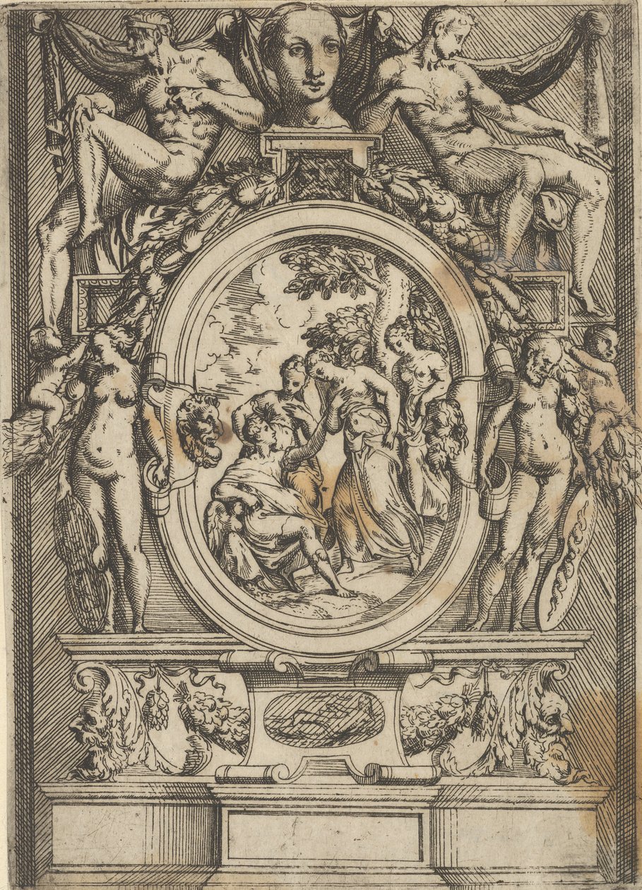El juicio de Paris, hombre sentado a la izquierda se acerca a una mujer que está flanqueada por..., ca. 1540-80 de Battista del Moro