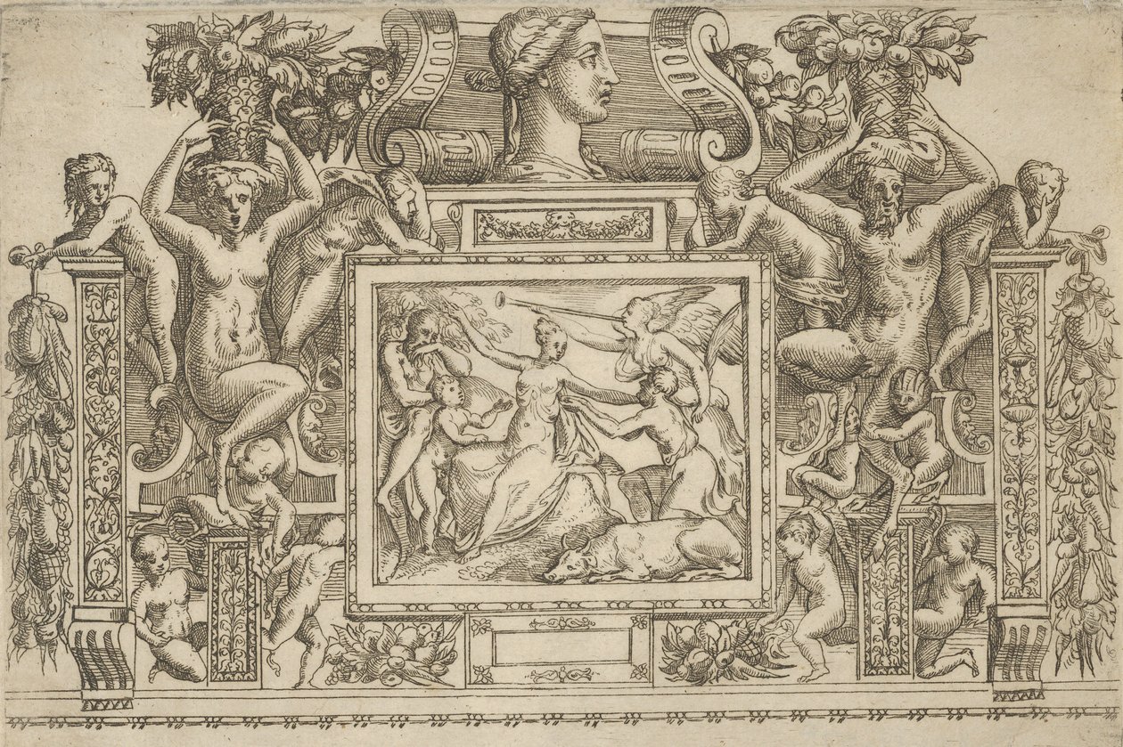Mujer sentada con los brazos extendidos, personificación de la Fama con trompeta a la derecha, ca. 1540-80 de Battista del Moro