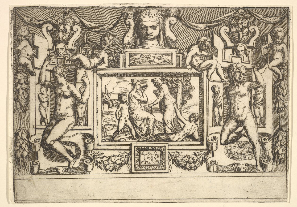 Joven bebiendo de un cuenco, una anciana de pie frente a ella, ca. 1540-80 de Battista del Moro