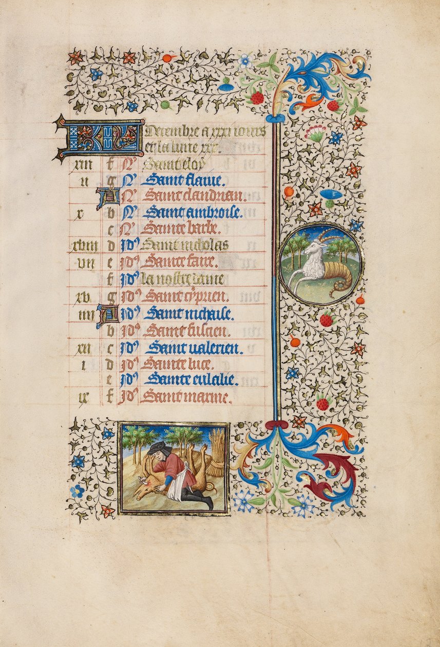 Página del calendario de diciembre; Sacrificar un cerdo; Capricornio de Bedford Master