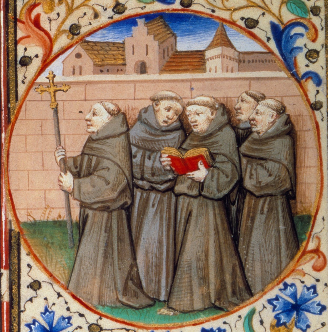 Escena de vida monástica. Detalle que representa a monjes de la Orden de los Franciscanos. Miniatura tomada del 