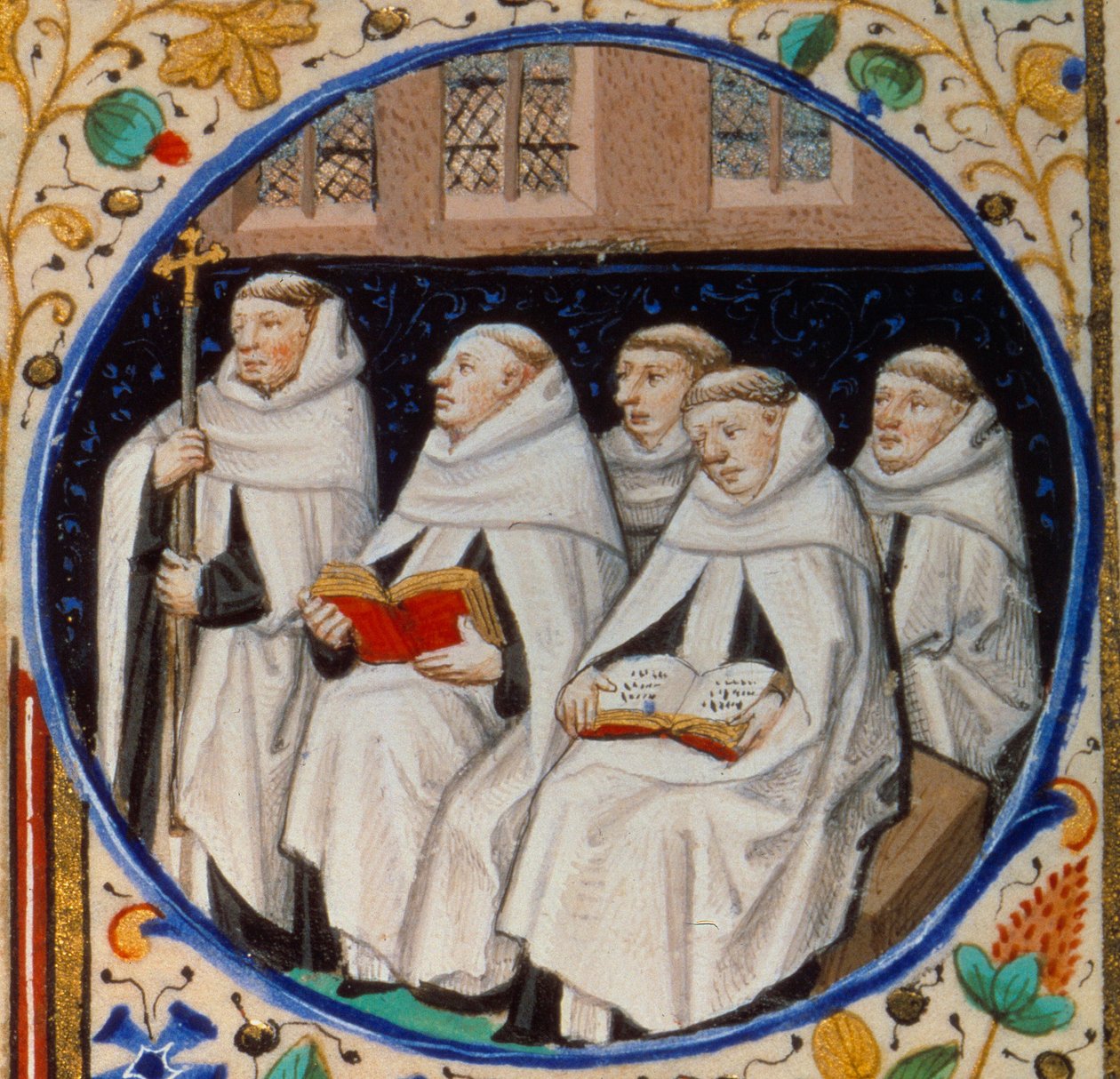 Escena de vida monástica. Detalle representando a monjes de la orden del Carmen. Miniatura tomada del "Libro de horas según el uso de París" iluminado por el taller del Maestro de Bedford. 1450. París, B.N. de Bedford Master Workshop