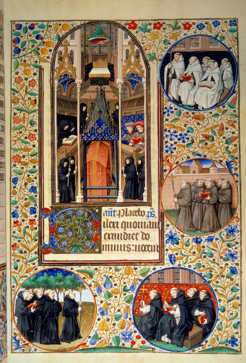 Escena de vida monástica. En los medallones, de arriba a abajo, los Carmelitas, Franciscanos, Dominicos, Agustinos (izquierda). Miniatura tomada del Libro de horas según el uso de París de Bedford Master Workshop