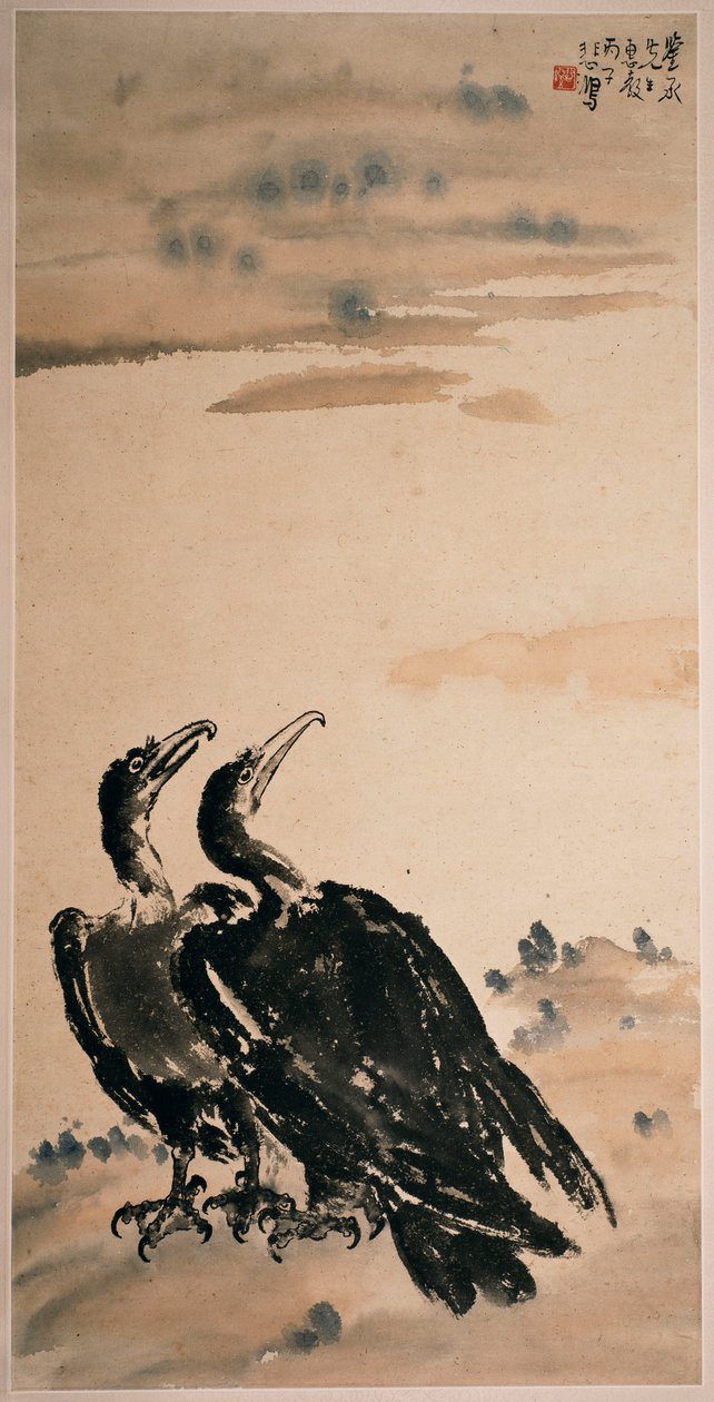 Dos cormoranes (pergamino colgado y color sobre papel) de Beihong Xu