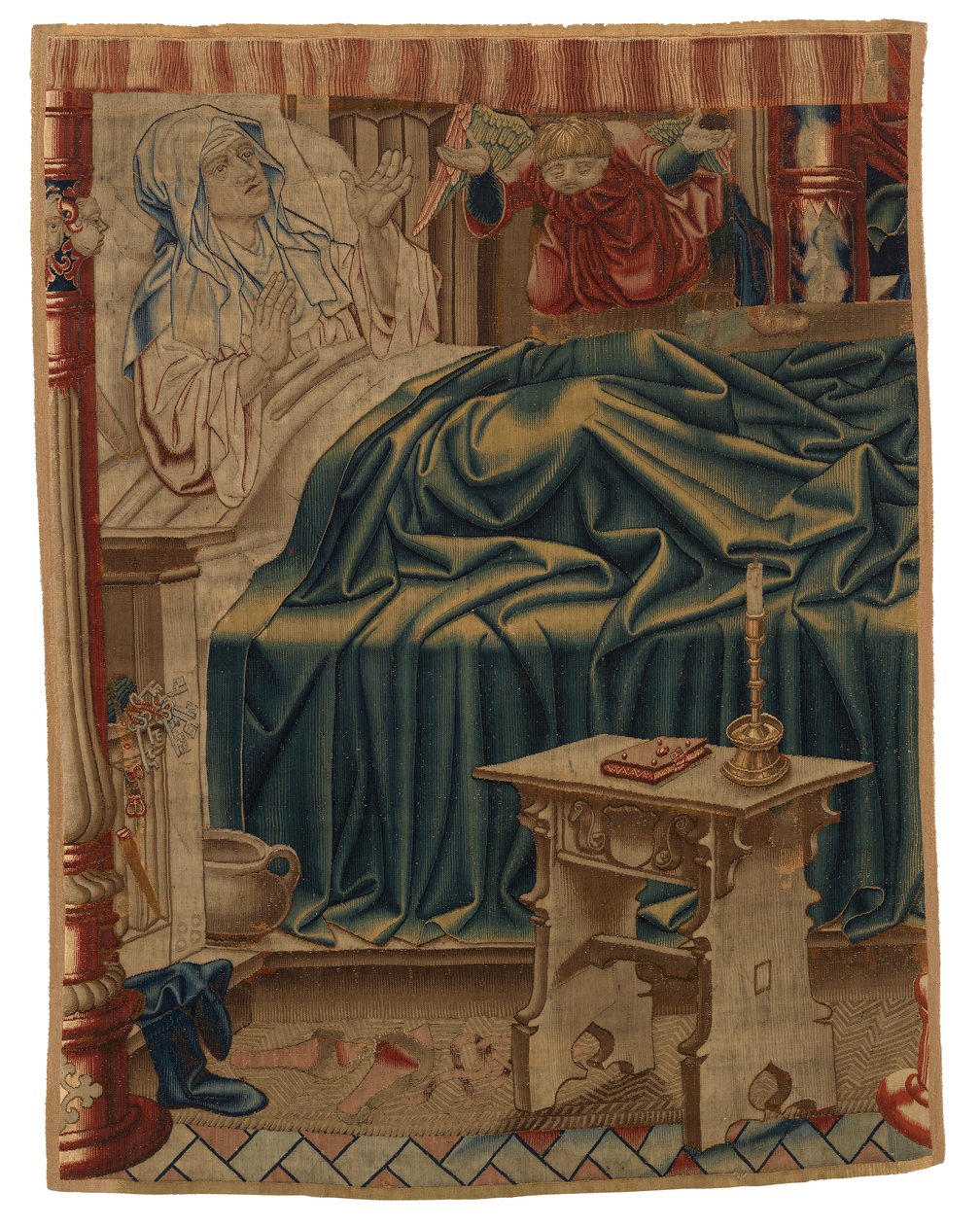 Beatrix Soetkens en la cama, de la primera escena del primer tapiz de un conjunto de cuatro que representan la "Leyenda de Nuestra Señora de Sablon", realizado en Bruselas, Bélgica. de Belgian School