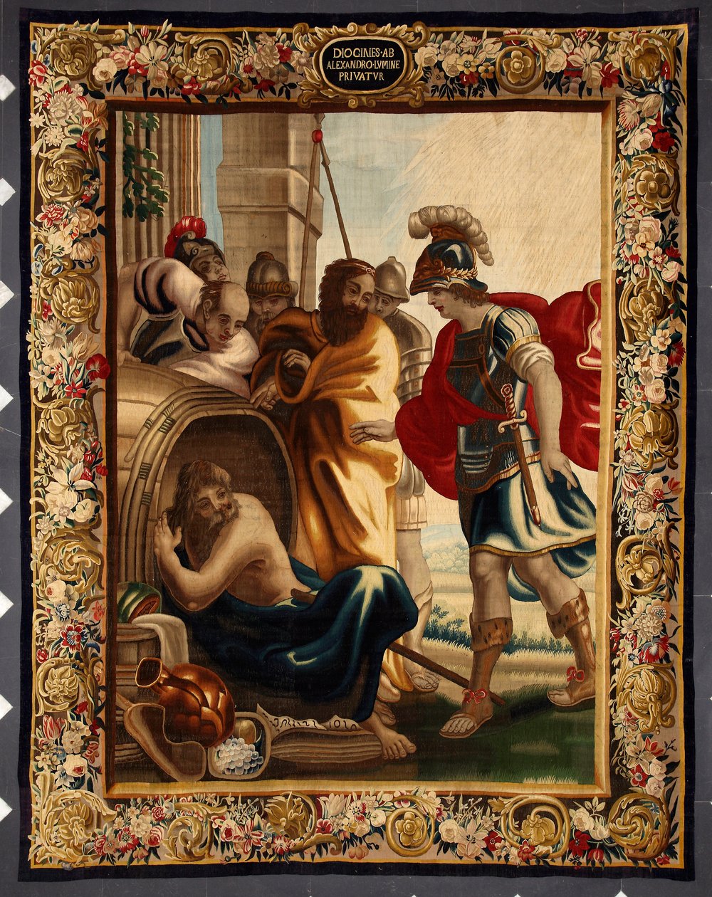 Diogene y Alejandro: encuentro entre el filósofo griego Diogene de Sinope (413-327 a.C.) en su barril y el rey Alejandro Magno (356-323 a.C.) en Corinto. Cuando el conquistador le preguntó qué quería, Diogene respondió: "Quitarme un poco el sol". Toque de Belgian School