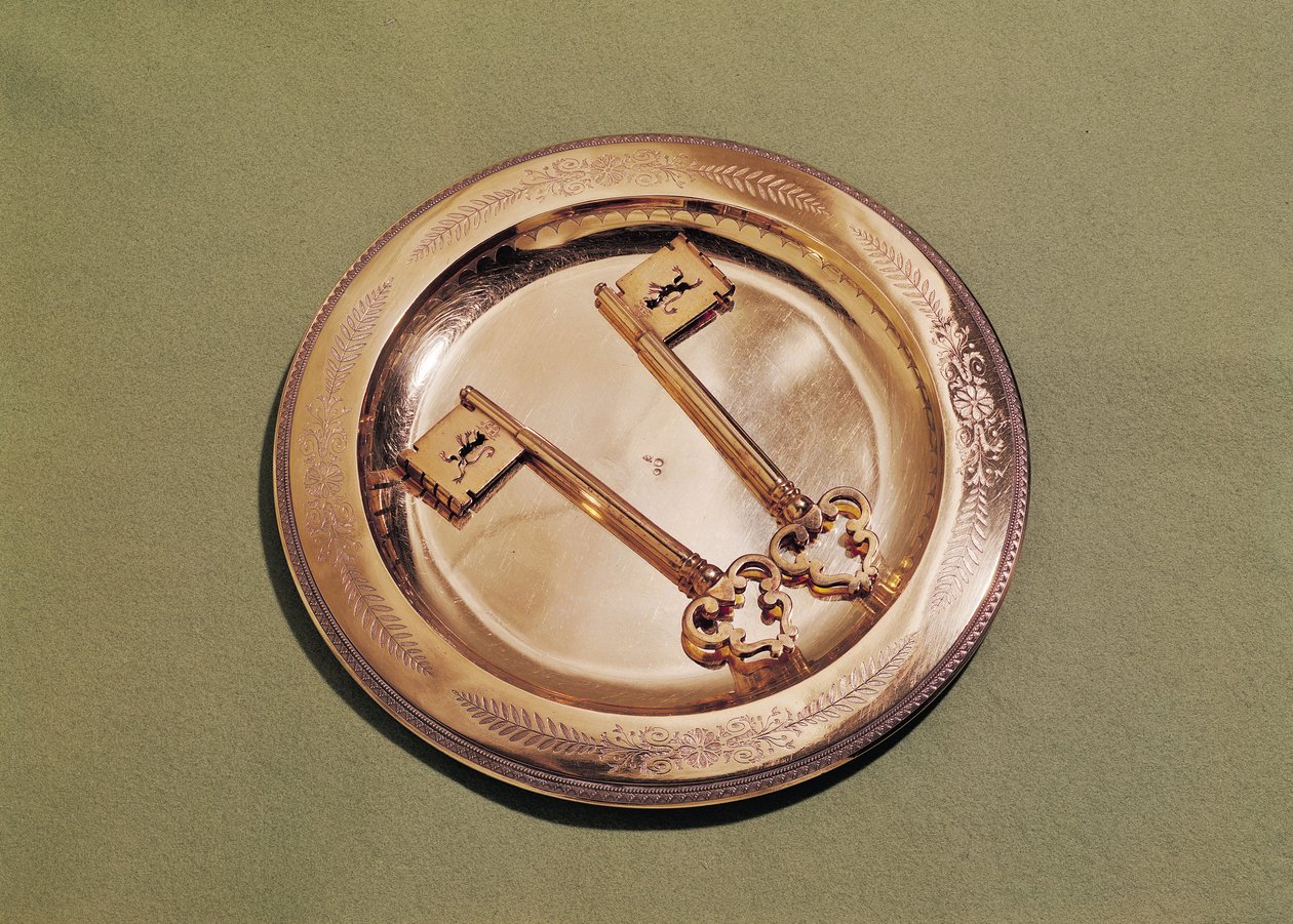 Llaves de Gante en un plato (metal plateado y dorado) de Belgian School