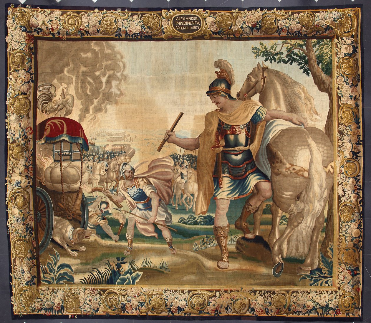 El rey Alejandro Magno (356-323 a.C.) quemó todo el equipaje innecesario antes de su viaje a la India. Tapiz realizado en las manufacturas de Bruselas. Siglo XVI Genes, Musei di Strada Nuova de Belgian School
