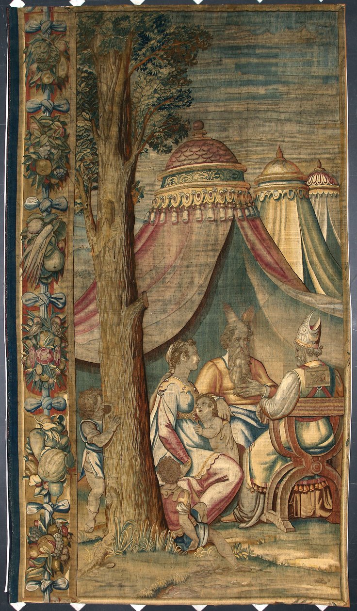 Moisés con Jetro y Séfora Tapiz de Dionys Martensz según los cartones de Luca Cambiaso (1527-1584) realizados en las manufacturas de Bruselas 1561-1564 Dim. 391x141,2 cm Genes, Musei di Strada Nuova de Belgian School