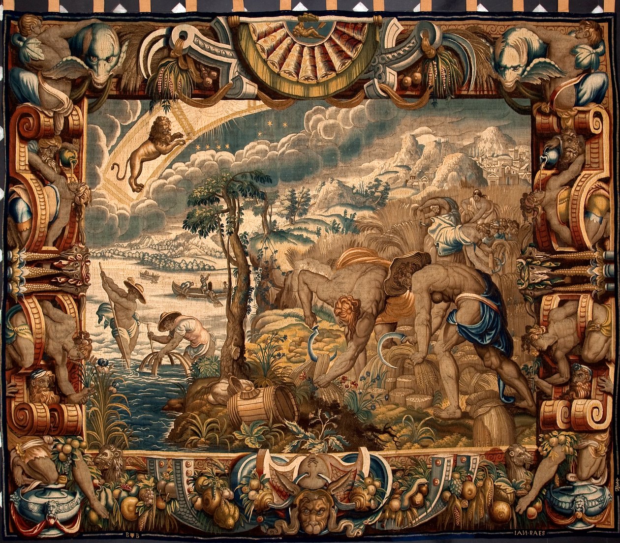 Mes de agosto: "La Cosecha" Tapiz de Jan Raes (activo hacia 1610-1631) realizado por las manufacturas de Bruselas. Siglo XVII Genes, Musei di Strada Nuova de Belgian School
