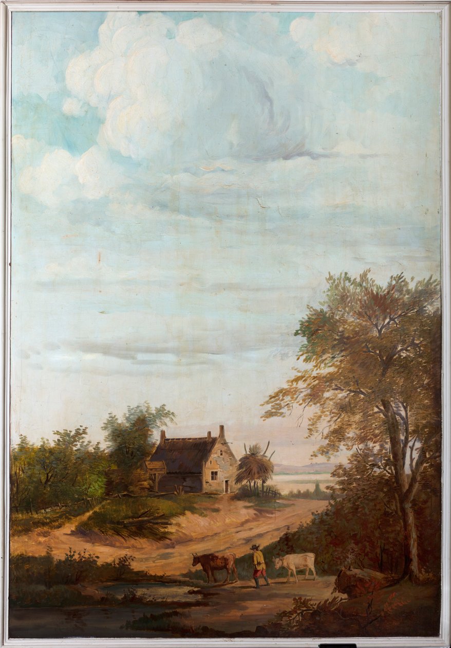 Segunda sala del fondo, sala de reuniones, murales con escenas rurales de estilo clásico, probablemente de hacia 1810, escena 7 de Belgian School