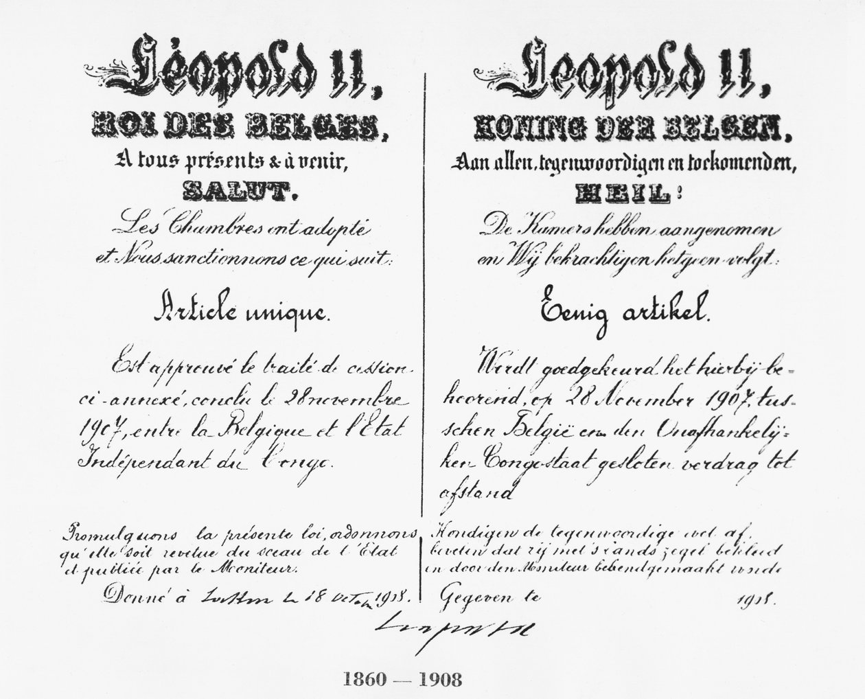 Firma del Rey Leopoldo II (1835-1909) aprobando la anexión del Congo a Bélgica, 1908 de Belgian School