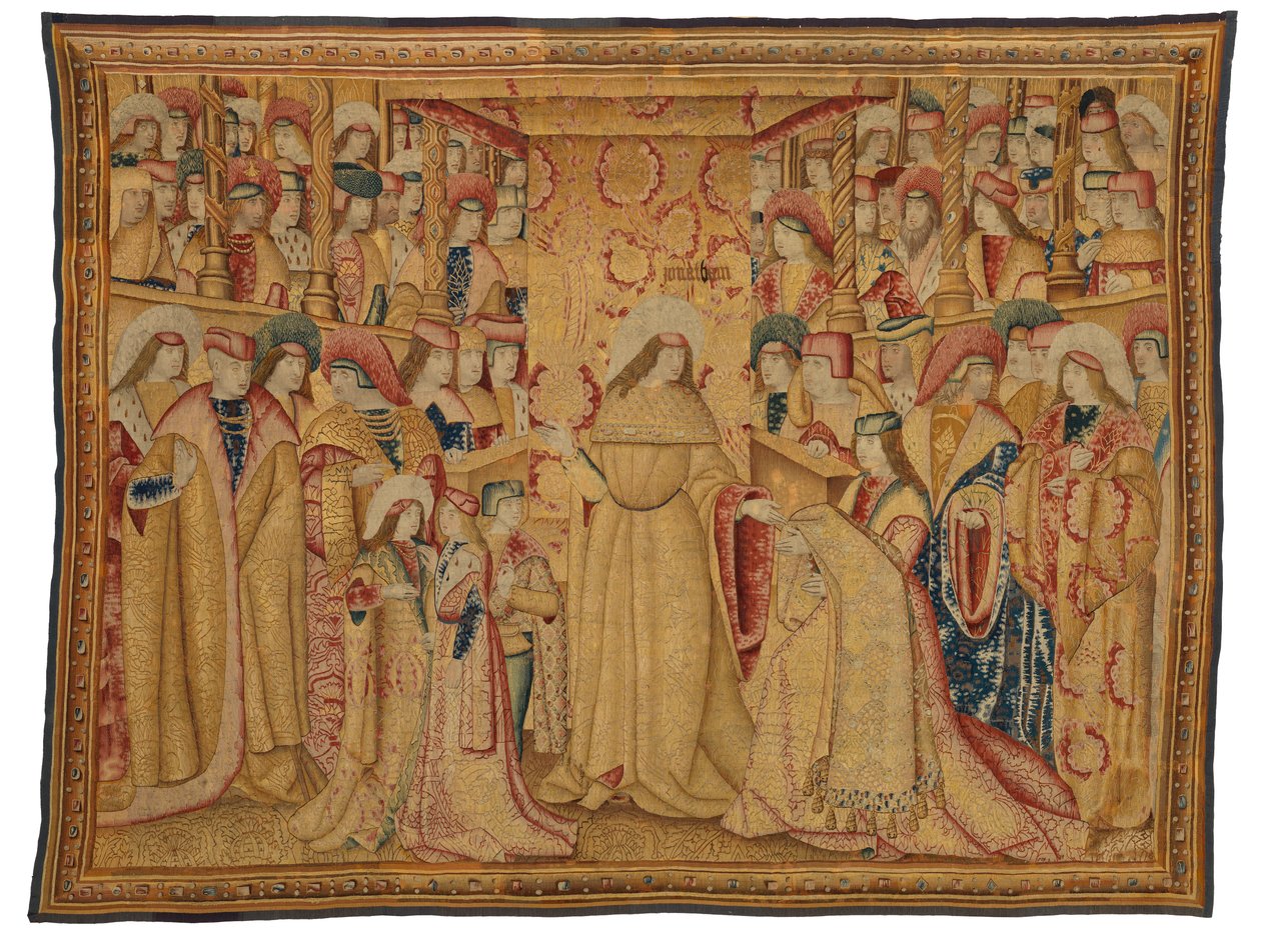 Tapiz, Jonatán Macabeo recibiendo una túnica púrpura, hecho en Bruselas, Bélgica, hacia 1490-1500 (lana y seda) de Belgian School