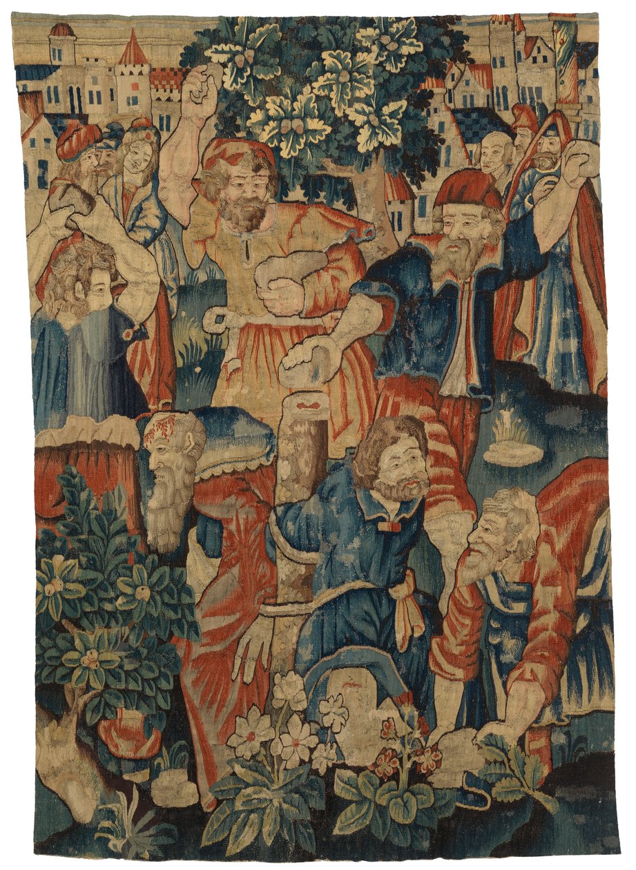Fragmento de tapiz que representa la Lapidación de los Ancianos, realizado posiblemente en Bruselas, Bélgica. de Belgian School
