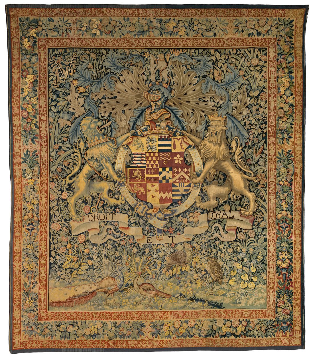 Tapiz de Verdura con las Armas de Robert Dudley, Conde de Leicester (uno de un par con 47.1), hecho en Flandes, Bélgica, hacia 1570-85 (lana y seda) de Belgian School