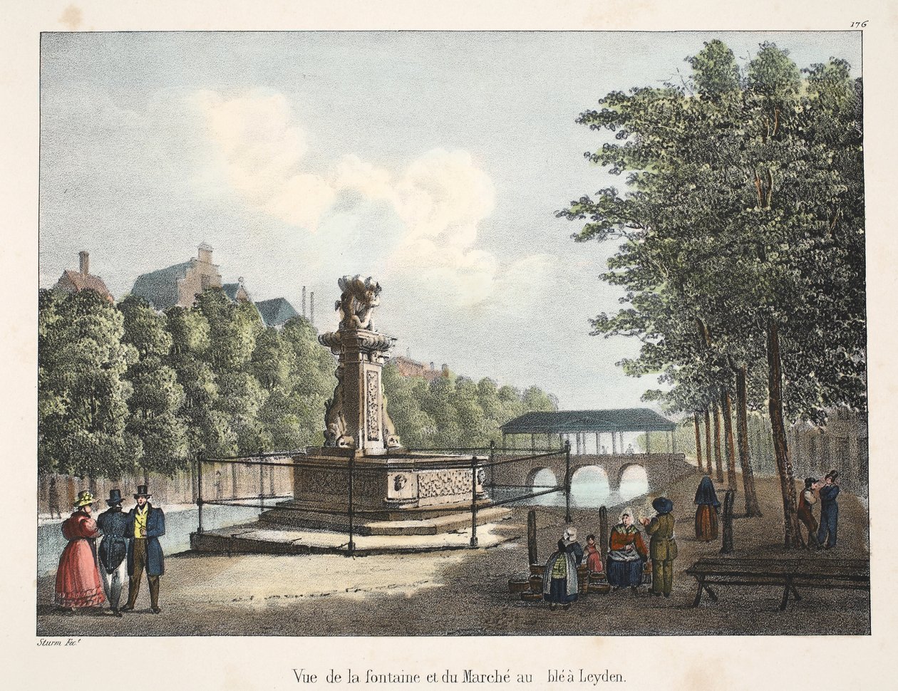 Vista de la fuente y del Mercado de trigo en Leiden, c.1895 (fotochrom) de Belgian School
