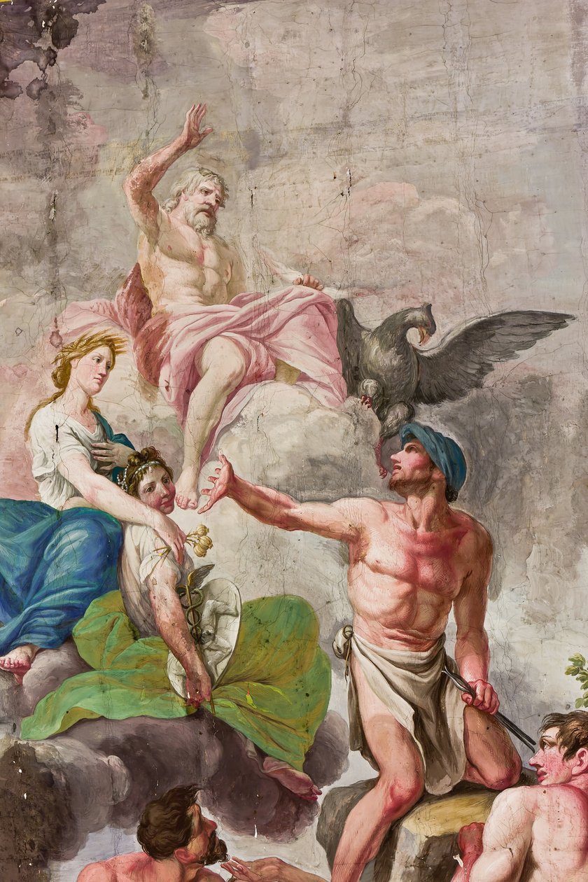 Representación alegórica del Olimpo con Júpiter, Ceres y Vulcano, detalle de la Apoteosis del trabajo, la agricultura, las artes y las ciencias (fresco) de Benedetto Cotarti