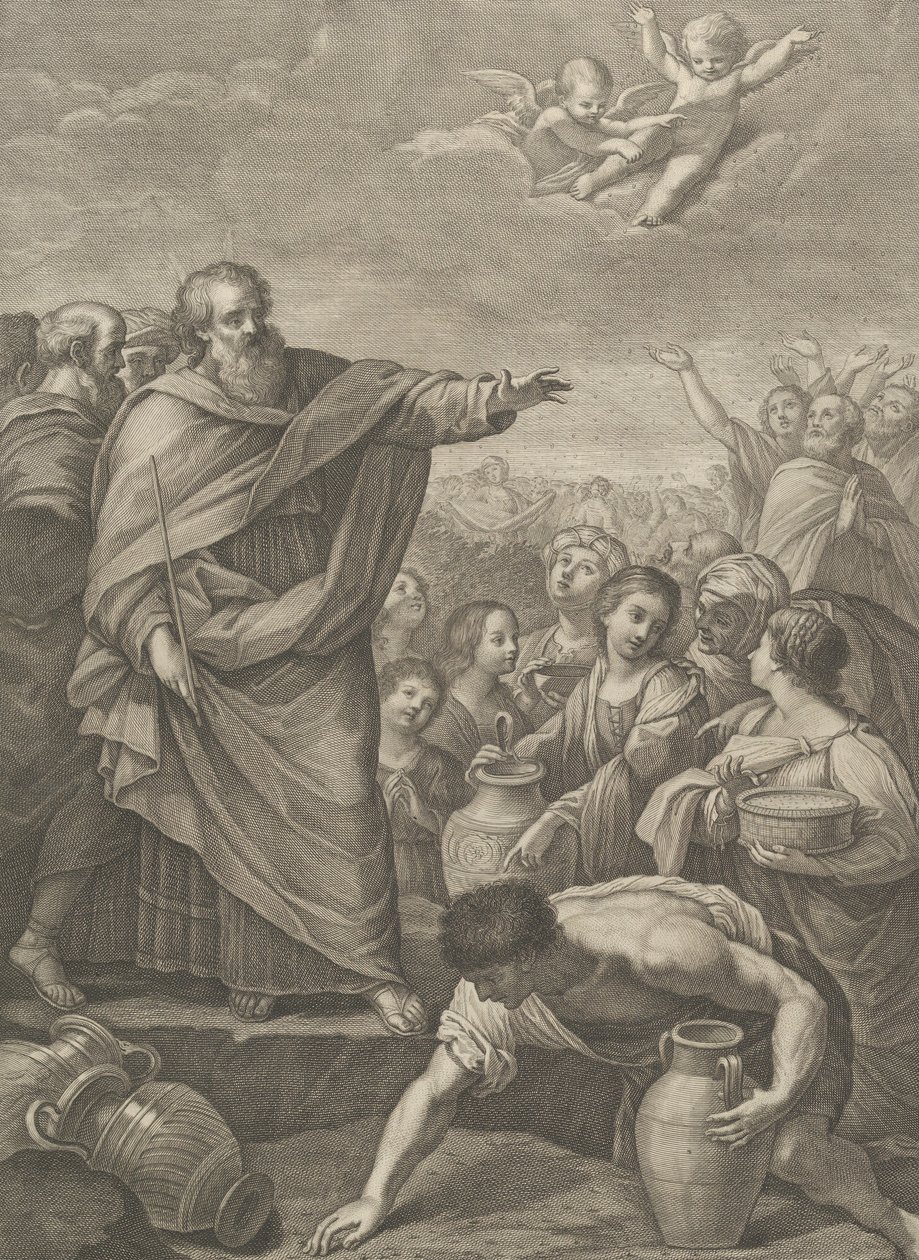 Moisés a la izquierda con los israelitas que recogen maná mientras cae del cielo, dos ángeles ab..., 1776 de Benedetto Eredi