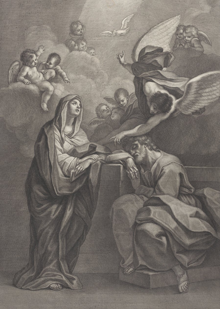 Placa 6: El sueño de San José, con la Virgen María a la izquierda y un ángel arriba que señala..., 1777 de Benedetto Eredi