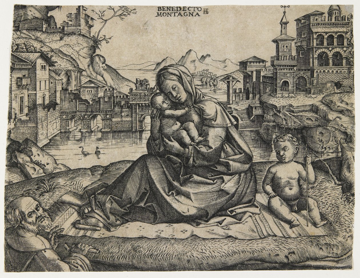 La Sagrada Familia con el Niño San Juan en un paisaje, c. 1506-1512 de Benedetto Montagna